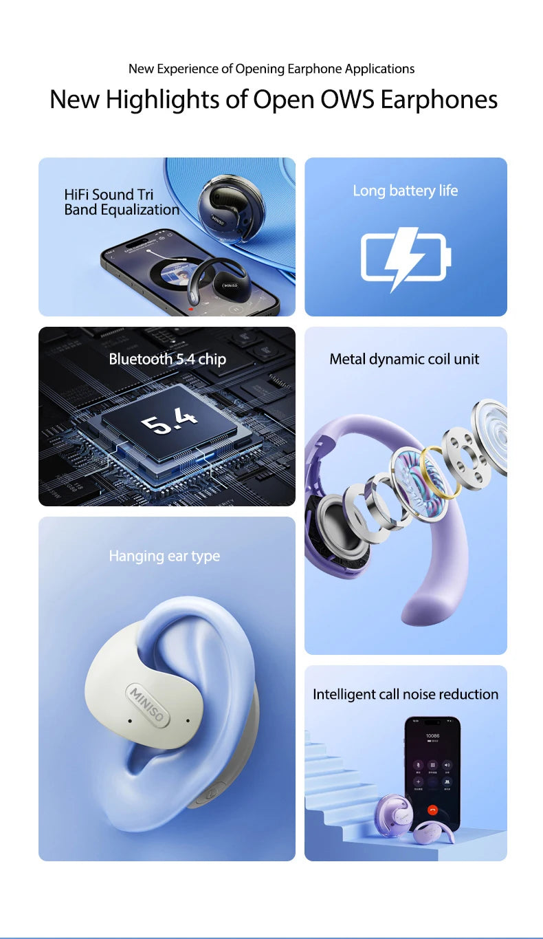 MINISO X15 PRO OWS Bluetooth Headset 5.4 Bluetooth Earphones Button Control Noise Cancelling Ear Hanging Headphones With Mic