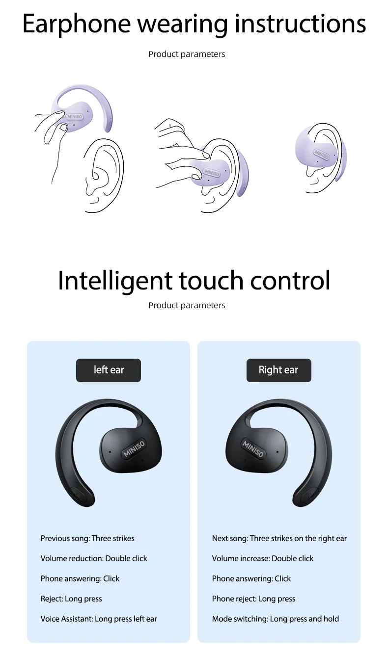 MINISO X15 PRO OWS Bluetooth Headset 5.4 Bluetooth Earphones Button Control Noise Cancelling Ear Hanging Headphones With Mic