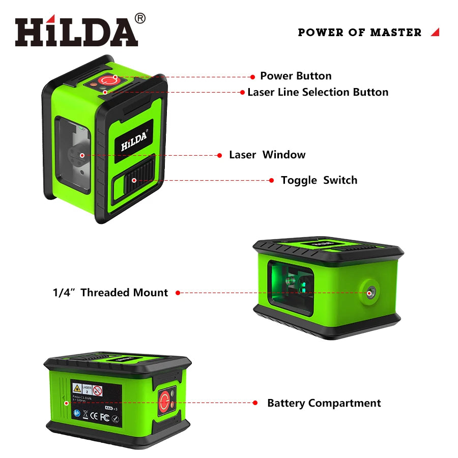 HILDA Laser Level Meter 2-Line Cross Green Level Laser Horizontal & Vertical