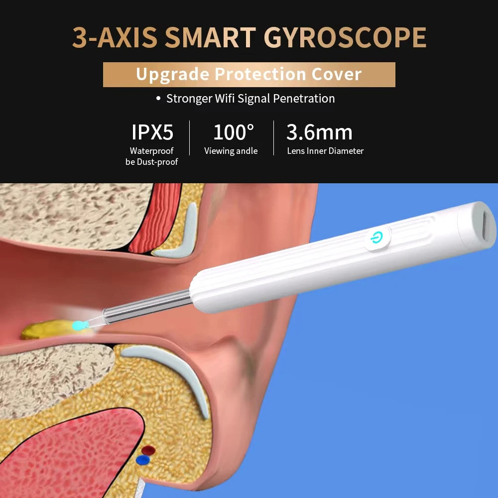Ear Cleaner with Camera 1296P Ear Sticks USB C Charging Ear Wax Removal Tool WIFI Connection 6 LED Lights