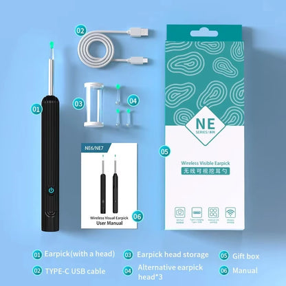 Ear Cleaner with Camera 1296P Ear Sticks USB C Charging Ear Wax Removal Tool WIFI Connection 6 LED Lights