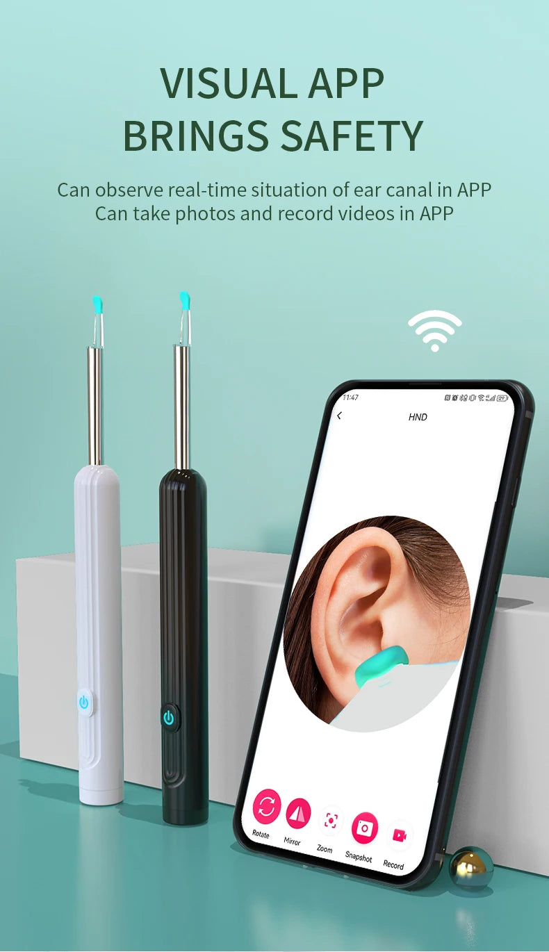 Ear Cleaner with Camera 1296P Ear Sticks USB C Charging Ear Wax Removal Tool WIFI Connection 6 LED Lights
