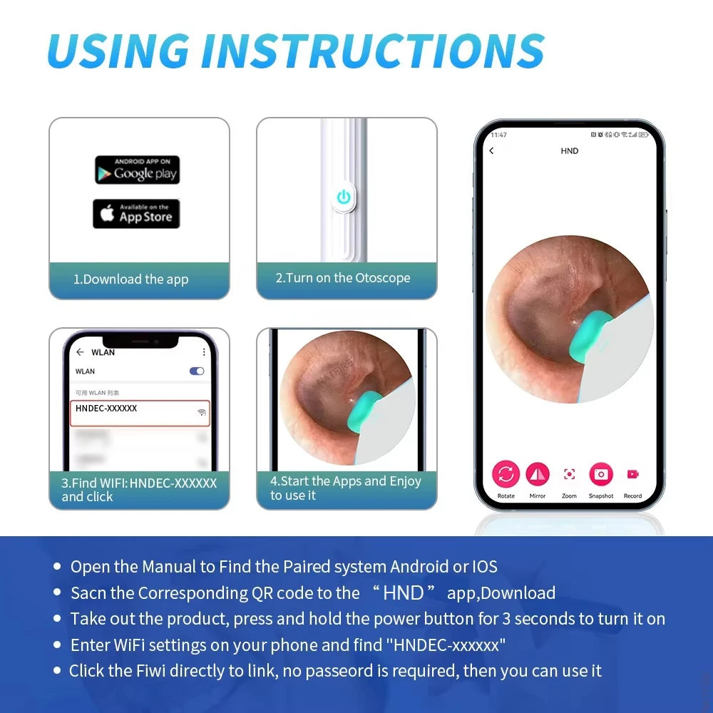 Ear Cleaner with Camera 1296P Ear Sticks USB C Charging Ear Wax Removal Tool WIFI Connection 6 LED Lights