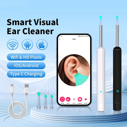 Ear Cleaner with Camera 1296P Ear Sticks USB C Charging Ear Wax Removal Tool WIFI Connection 6 LED Lights