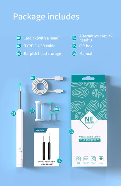 Ear Cleaner with Camera 1296P Ear Sticks USB C Charging Ear Wax Removal Tool WIFI Connection 6 LED Lights