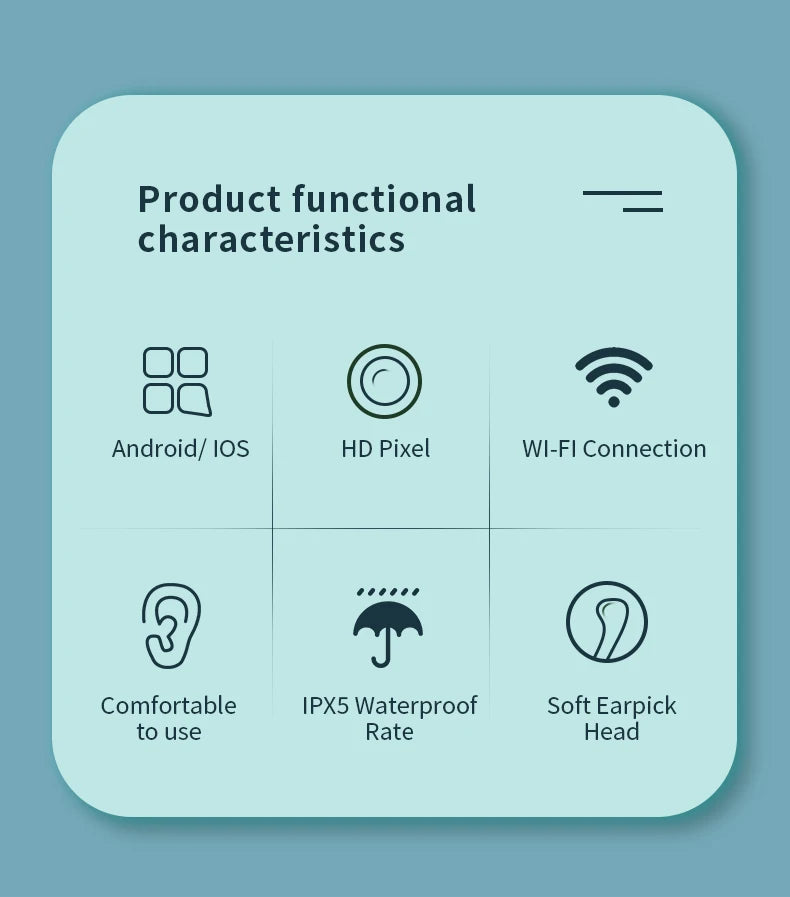 Ear Cleaner with Camera 1296P Ear Sticks USB C Charging Ear Wax Removal Tool WIFI Connection 6 LED Lights