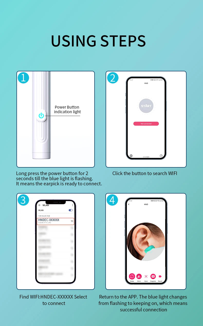 Ear Cleaner with Camera 1296P Ear Sticks USB C Charging Ear Wax Removal Tool WIFI Connection 6 LED Lights