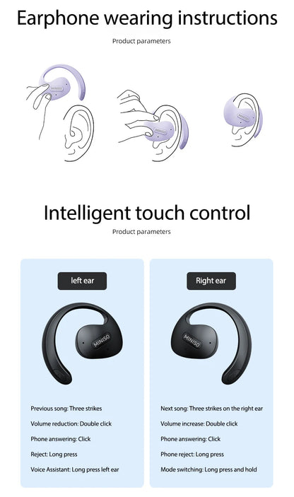MINISO X15 PRO OWS Bluetooth Headset 5.4 Bluetooth  Earphones Button Control Noise Cancelling Ear Hanging Headphones With Mic