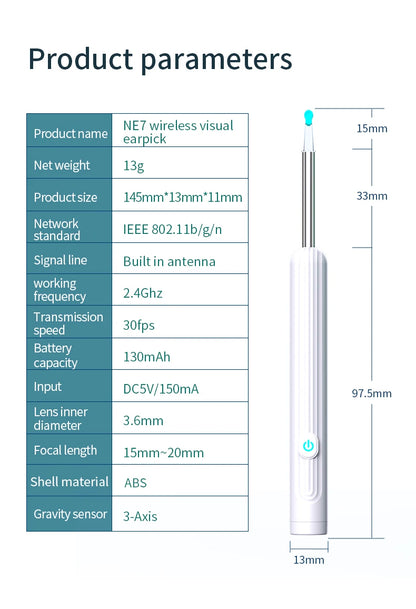 Ear Cleaner with Camera 1296P Ear Sticks USB C Charging Ear Wax Removal Tool WIFI Connection 6 LED Lights