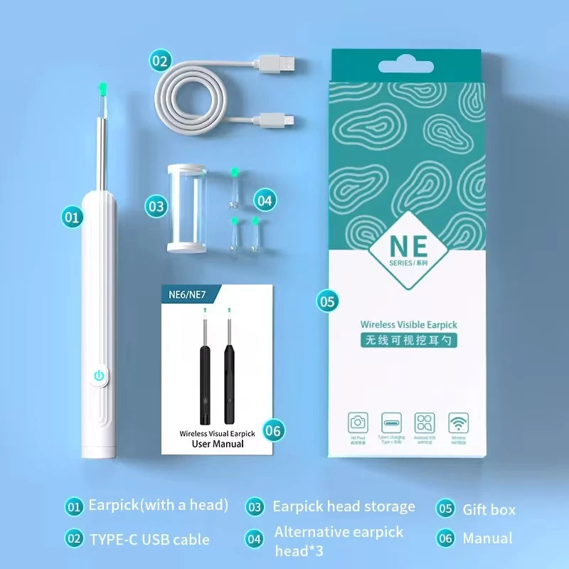 Ear Cleaner with Camera 1296P Ear Sticks USB C Charging Ear Wax Removal Tool WIFI Connection 6 LED Lights