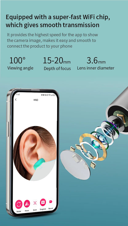 Ear Cleaner with Camera 1296P Ear Sticks USB C Charging Ear Wax Removal Tool WIFI Connection 6 LED Lights